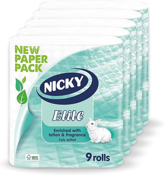 Nicky Elite 3 Ply Quilted Toilet Tissue 9 per Pack Case of 5 (45 Toilet Rolls in Total)
